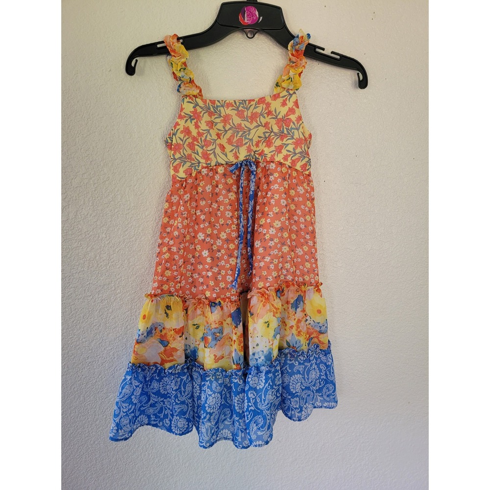 Jona Michelle Girls Floral Tiered Dress Orange Yellow Blue Size 5 #R